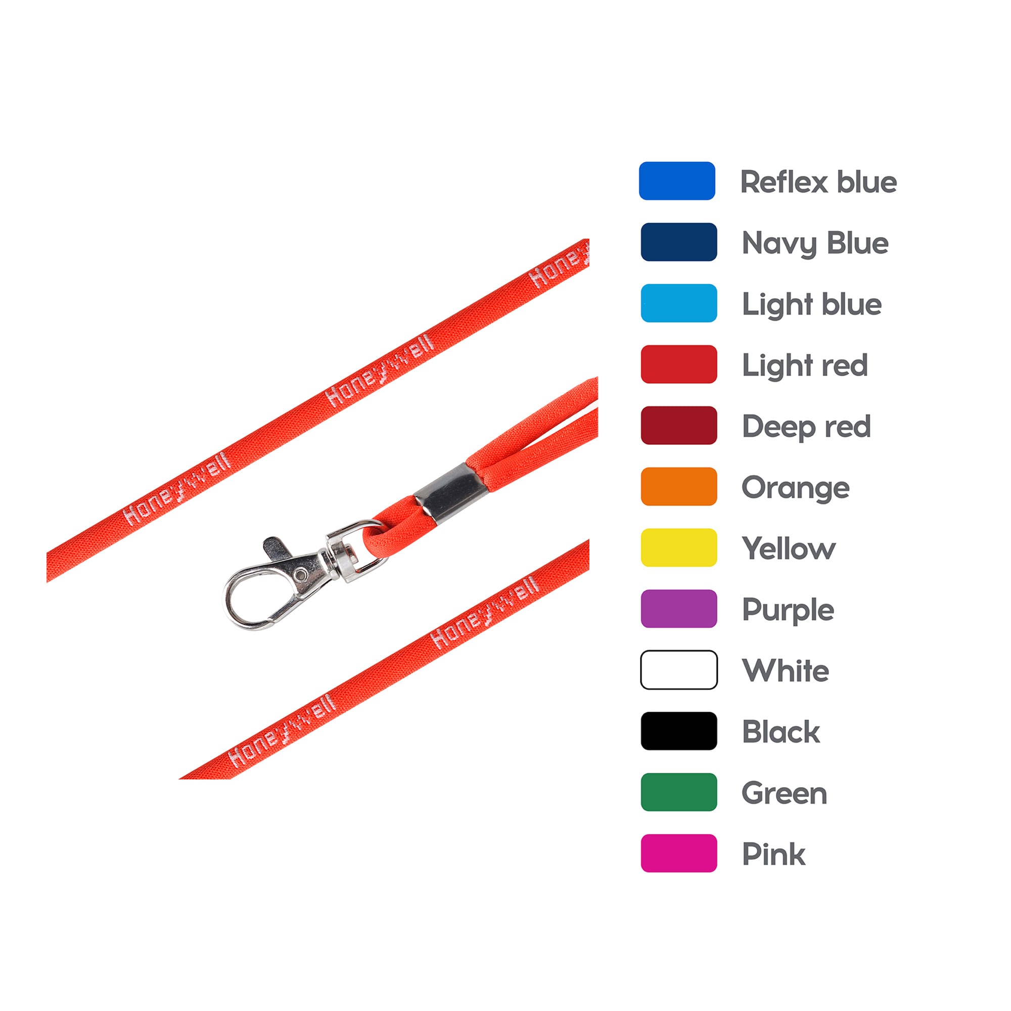 A red poly rope lanyard with a metal clasp, featuring a branding logo and a colour reference guide. Poly Rope Lanyard - Image 1