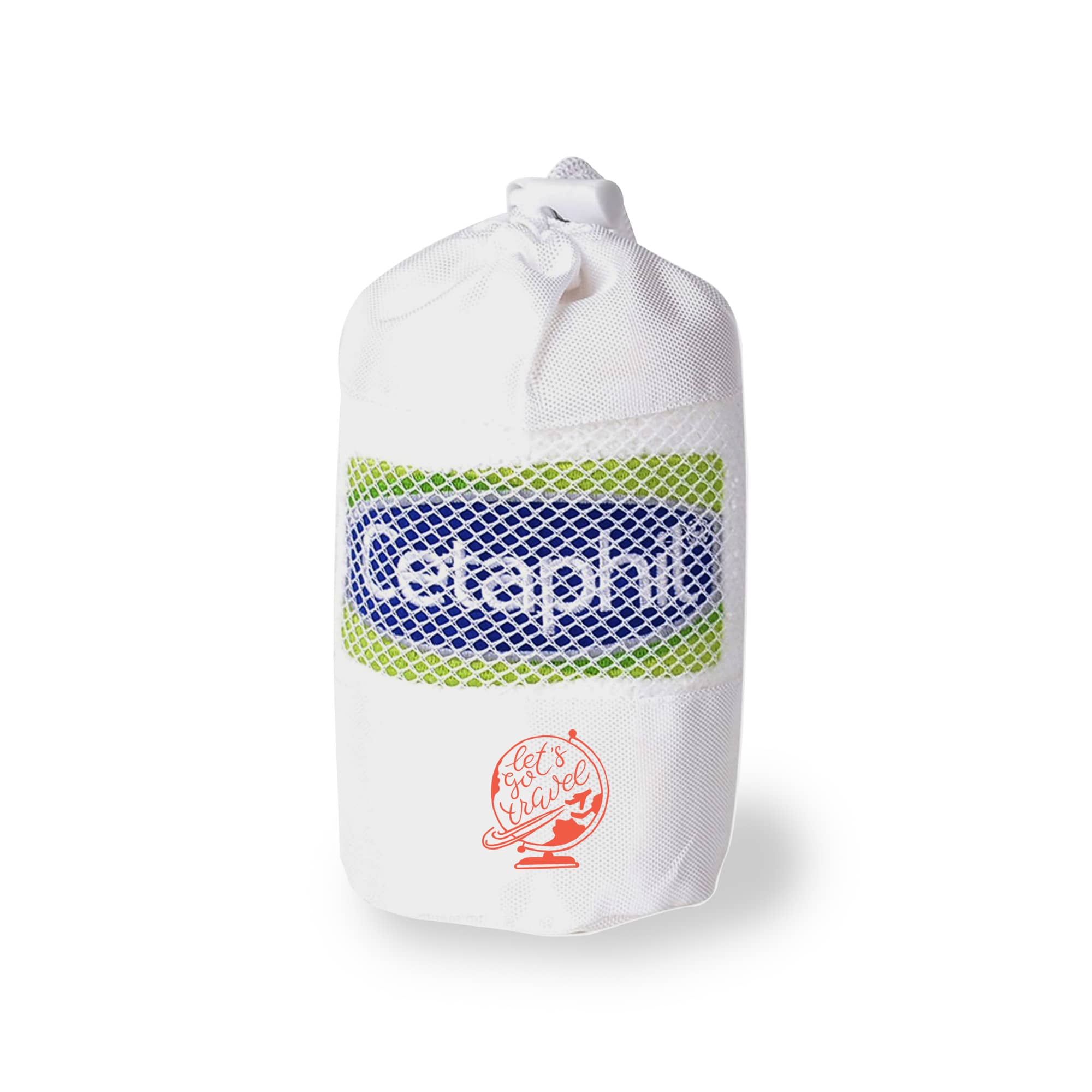 A white travel towel packaged in a mesh bag, featuring a logo and bright green and blue details. Travel Towel - Image 1
