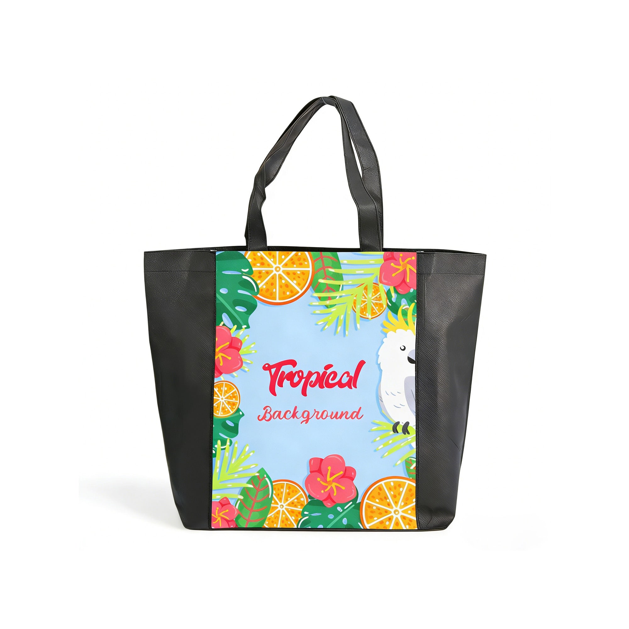 A tote bag featuring a vibrant tropical design with flowers, fruits, and a bird, complemented by black handles. Tote Bag-Full Colour - Image 1