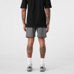 Active shorts in grey, featuring a loose fit and side panels, worn by a person from the back.