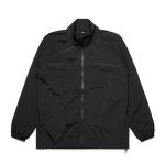A black jacket with a zip front, high collar, and elastic cuffs. It features a logo on the upper chest.