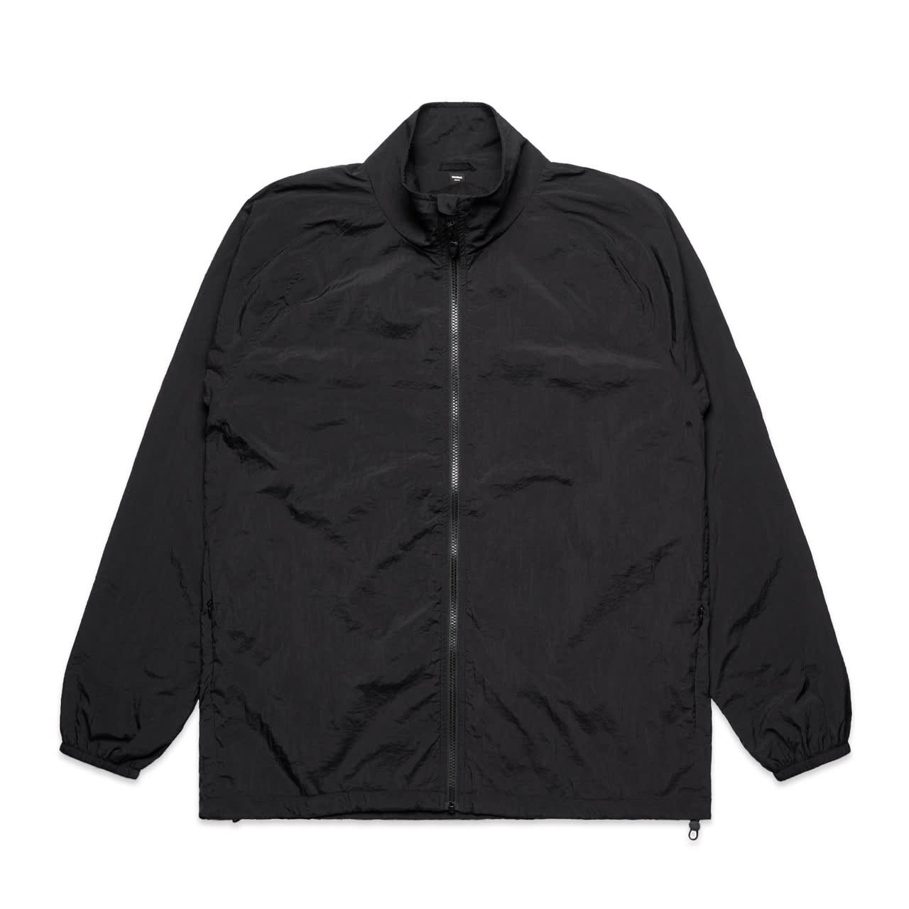 A black jacket with a zip front, high collar, and elastic cuffs. It features a logo on the upper chest. A black jacket with a zip front, high collar, and elastic cuffs. It features a logo on the upper chest.