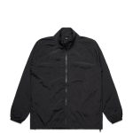 A black active jacket with a zippered front and elasticised cuffs, featuring a logo on the chest.