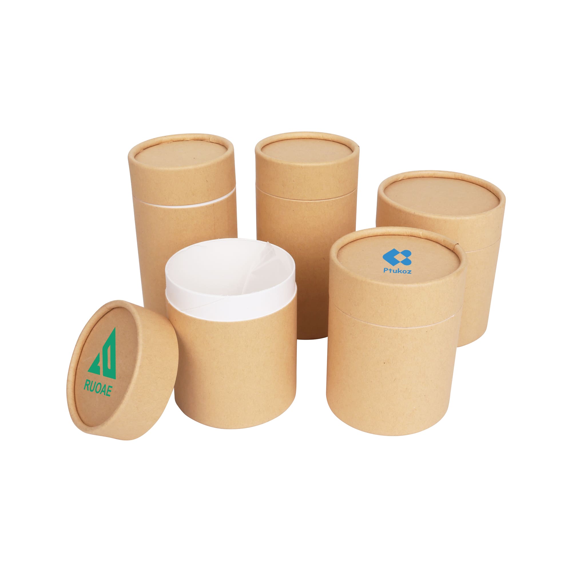 A set of medium paper cylinder boxes in kraft brown, featuring a variety of lid styles and a logo on some boxes. Medium Paper Cylinder Boxes (75 x 100mm) - Image 1
