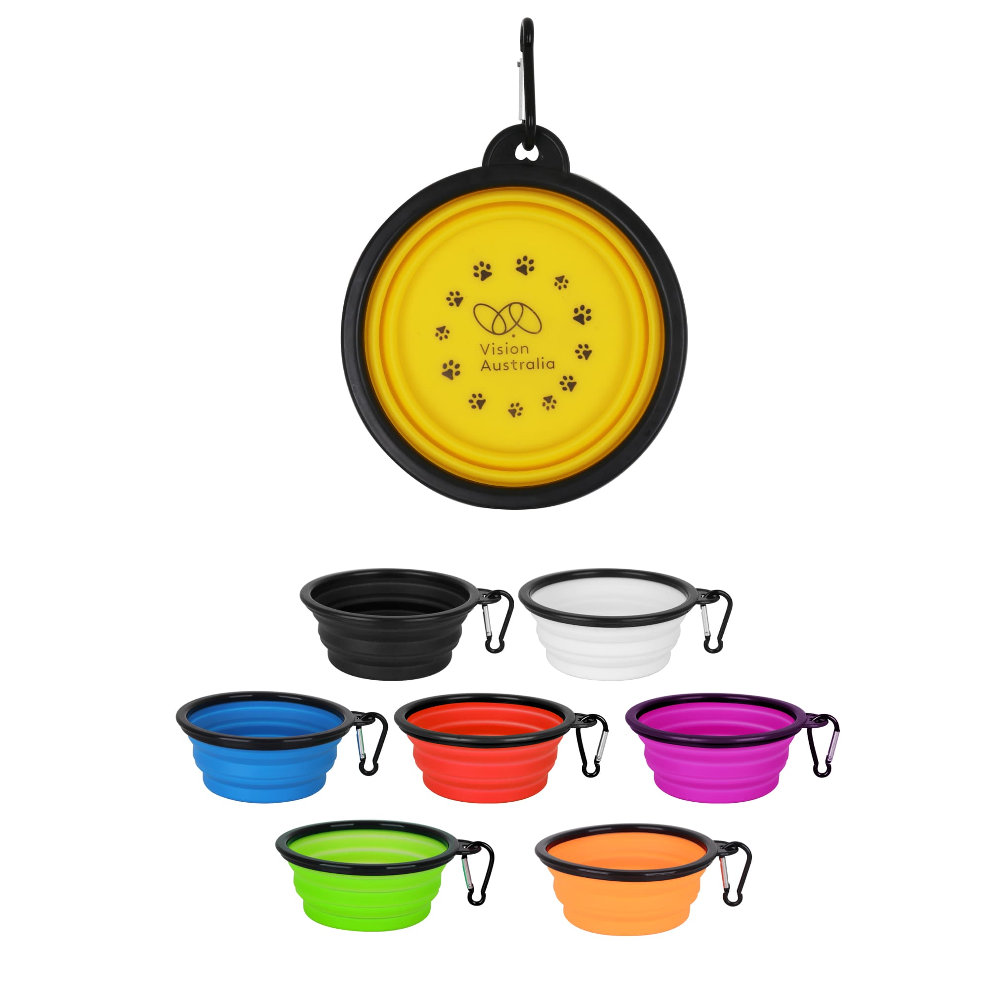 A collapsible silicone bowl in various colours, including yellow, black, blue, white, purple, and orange, with a logo. 350ml Collapsible Silicon Bowl - Image 1