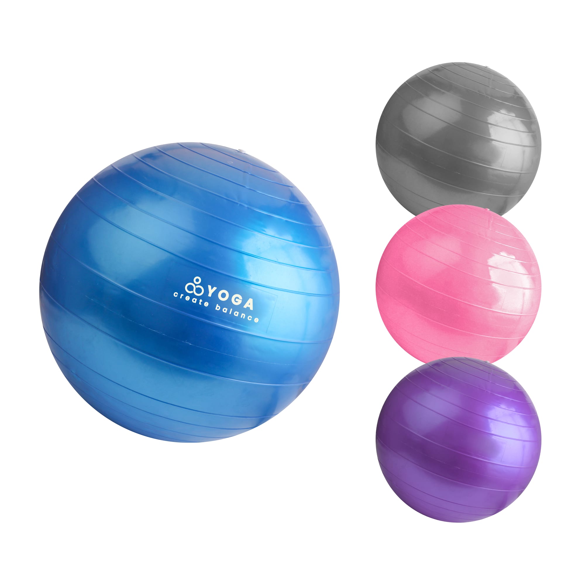 A PVC yoga ball set featuring blue, grey, pink, and purple colours, with a logo on the blue ball. PVC Yoga Ball - Image 1