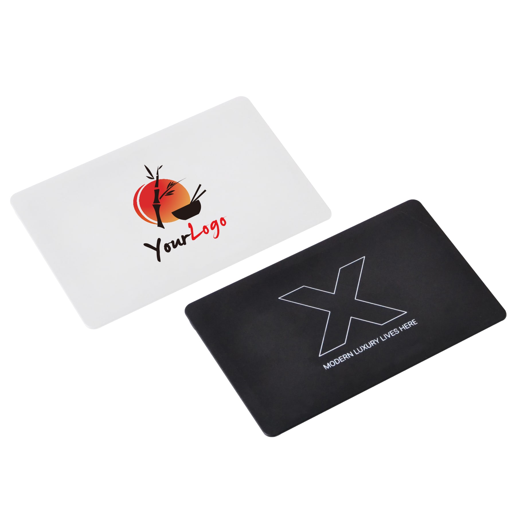 A flip card flash drive featuring a white side with a logo and a black side with different branding elements. Flip Card Flash Drive - Image 1