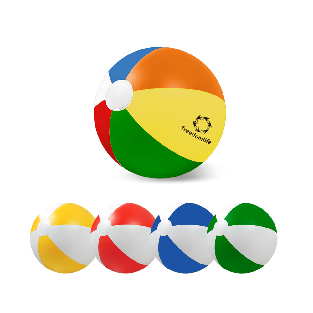 An inflatable beach ball featuring multiple colours, including red, yellow, green, and blue, with a logo. Inflatable Beach Ball - Image 1