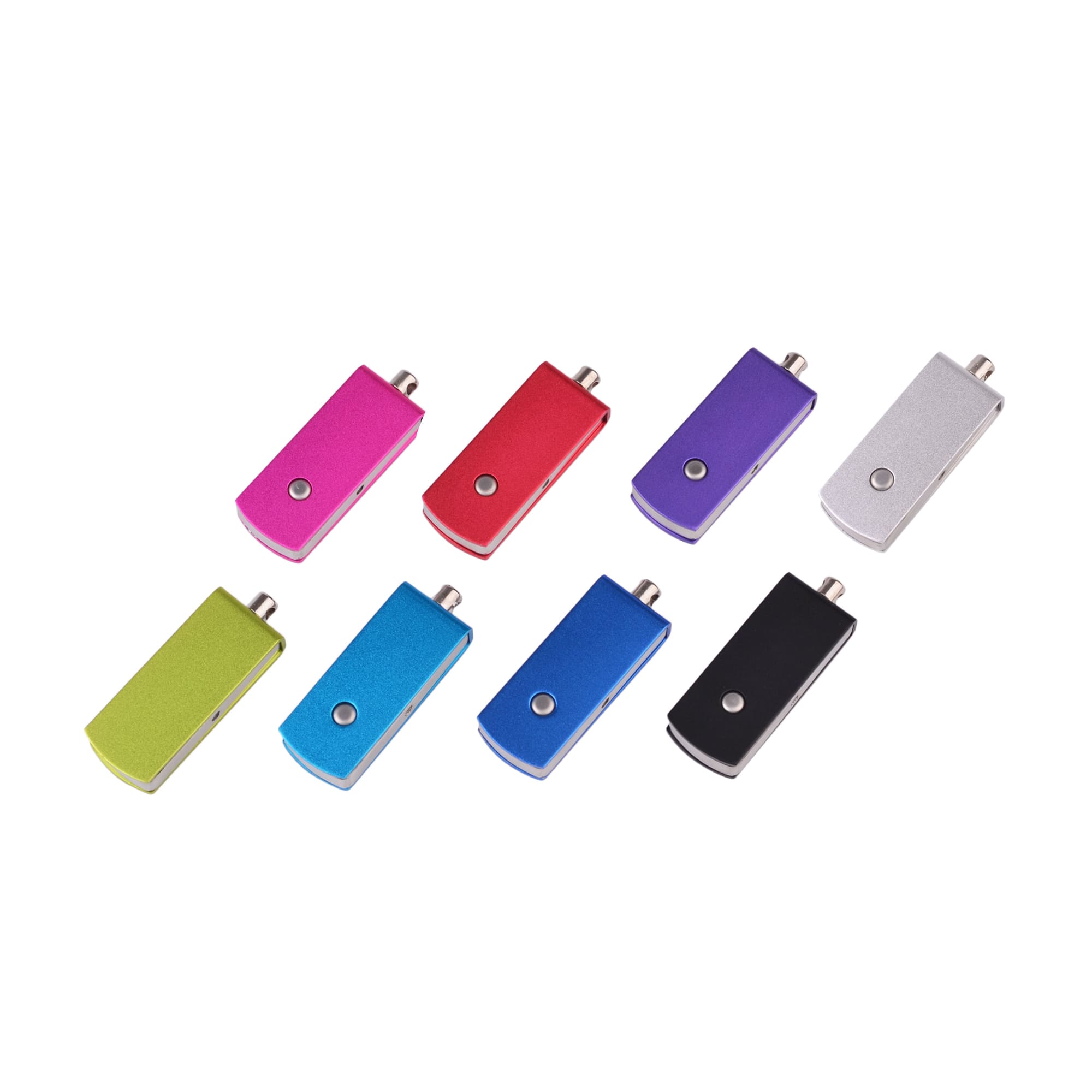 A collection of nine Puller Swivel Flash Drives in pink, red, purple, silver, green, blue, and black. Each has a logo. Puller Swivel Flash Drive - Image 1