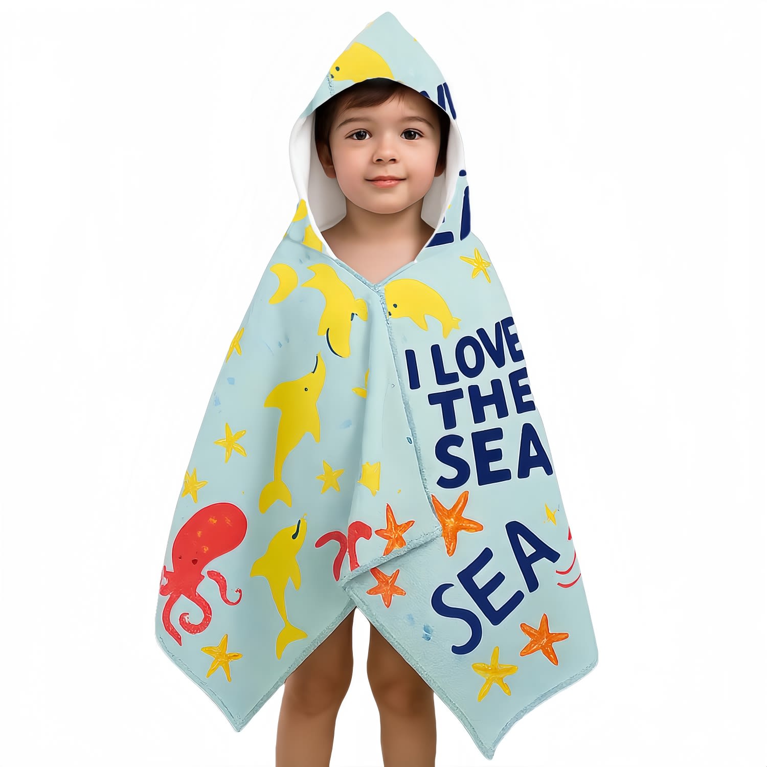 A kids' hooded towel surf shawl in aqua featuring colourful sea creatures and playful text, complete with a hood. 100% Double-Sided Fleece Sublimation Kids Hooded Shawl - Image 1