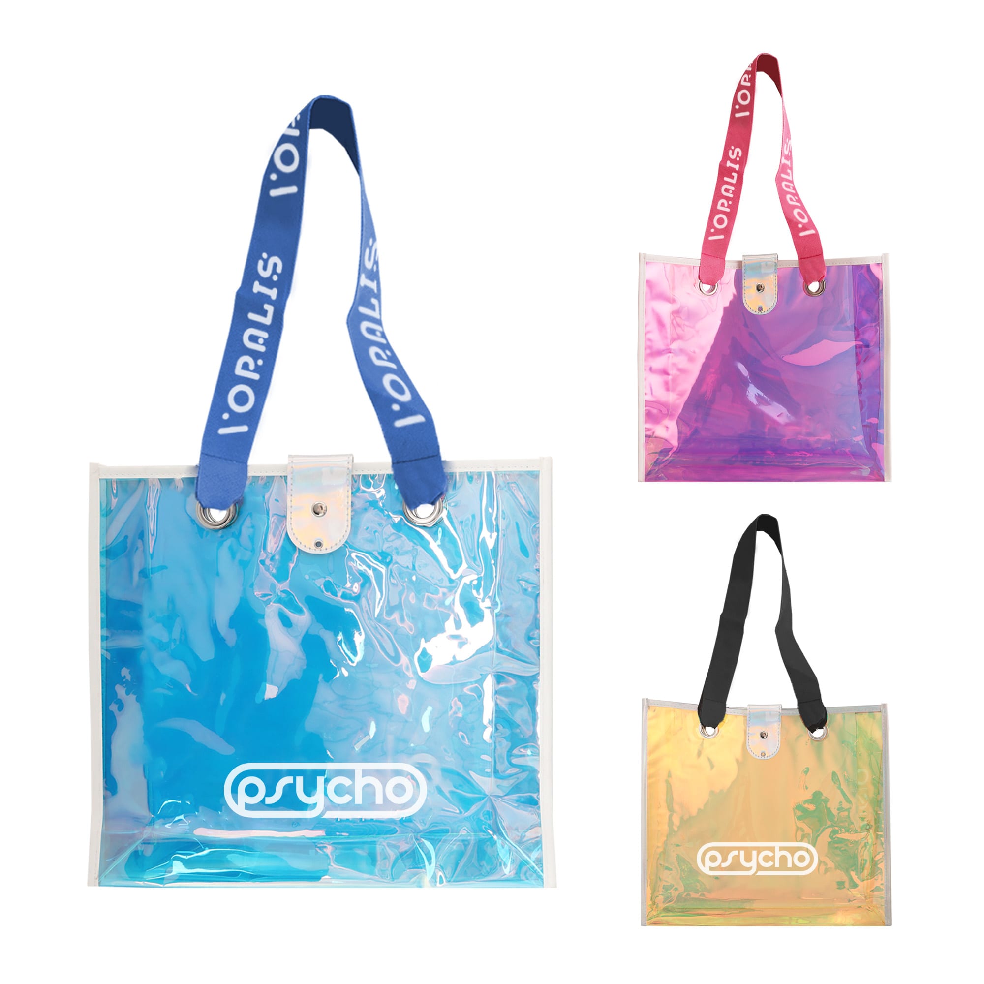 Three iridescent clear tote bags in blue, pink, and yellow, featuring different handle colours and a logo. Iridescent Clear Tote Bag - Image 1