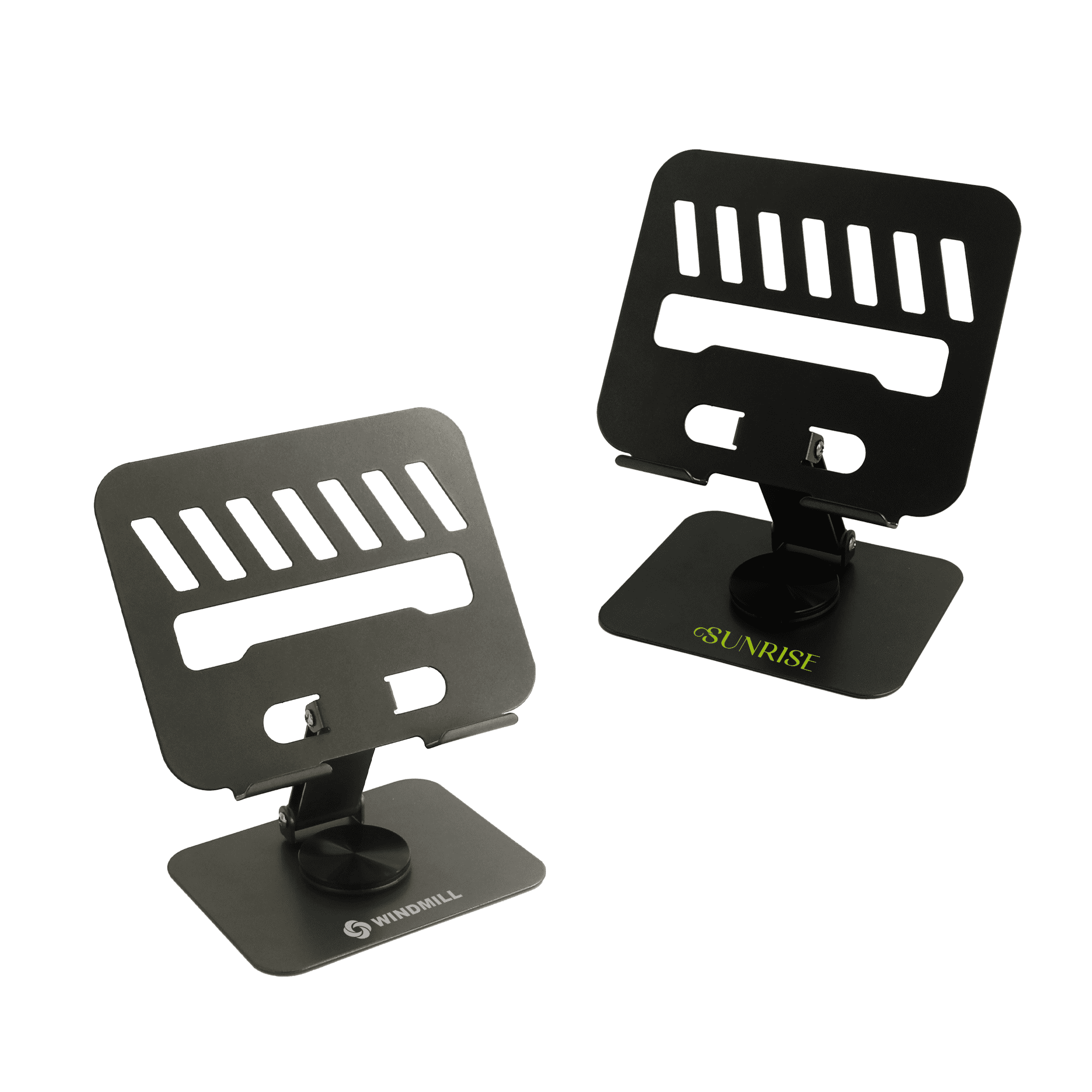 Two foldable metal tablet stands in black, featuring various slots and a base for stability, one with a logo. Foldable Metal Tablet Stand - Image 1