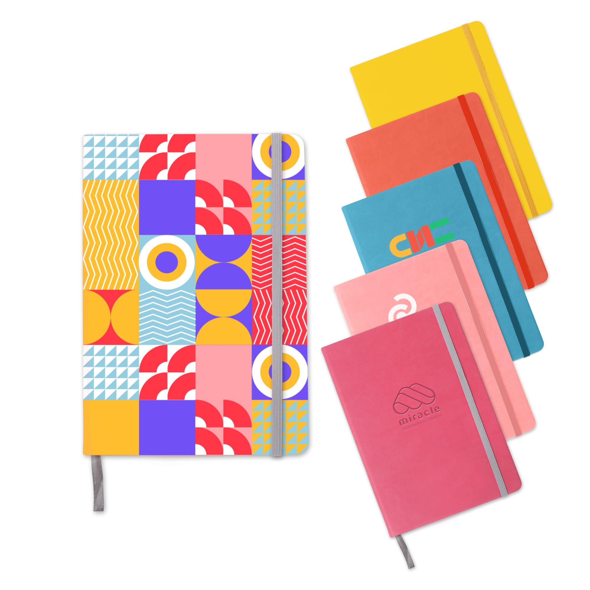 A5 PU cover notebook in a colourful geometric pattern alongside solid-coloured notebooks. All notebooks feature elastic closures. A5 PU Cover Notebook - Image 1
