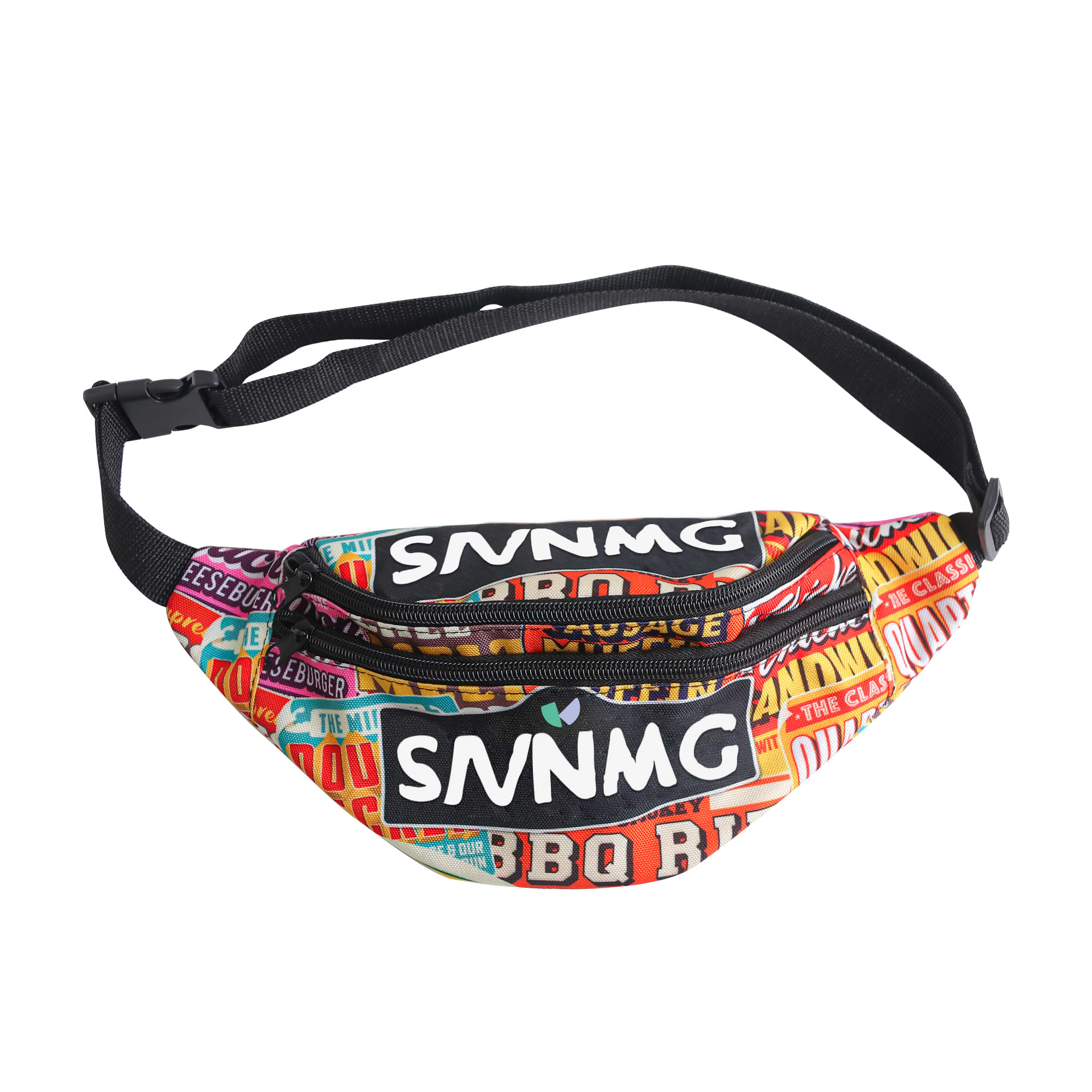 A vibrant full colour bum bag featuring a mix of bold patterns and a logo, with an adjustable strap. Full colour RPET Bum Bag - Image 1