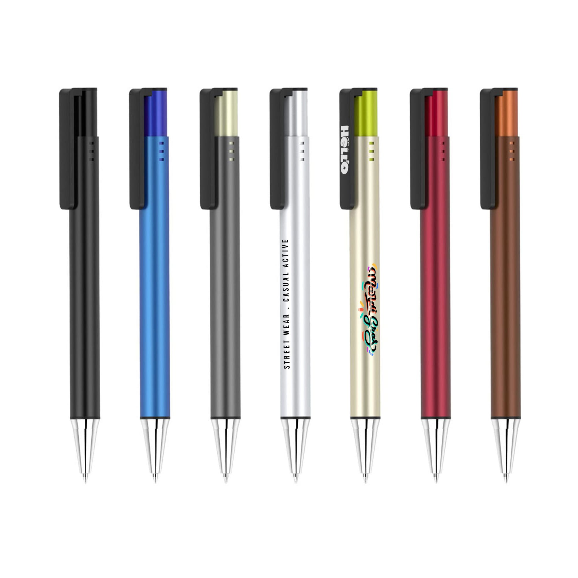 A collection of metal pens in various colours, including blue, green, silver, red, orange, and brown, with branding on some. Grace Pen - Image 1