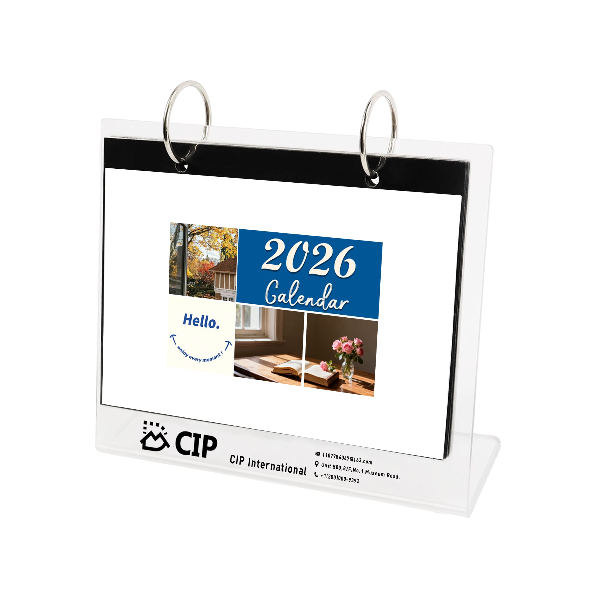 A clear acrylic desk calendar and photo album organiser with a ring binder, displaying a calendar for 2026. Acrylic Desk Calendar and Photo Album Organizer - Image 1