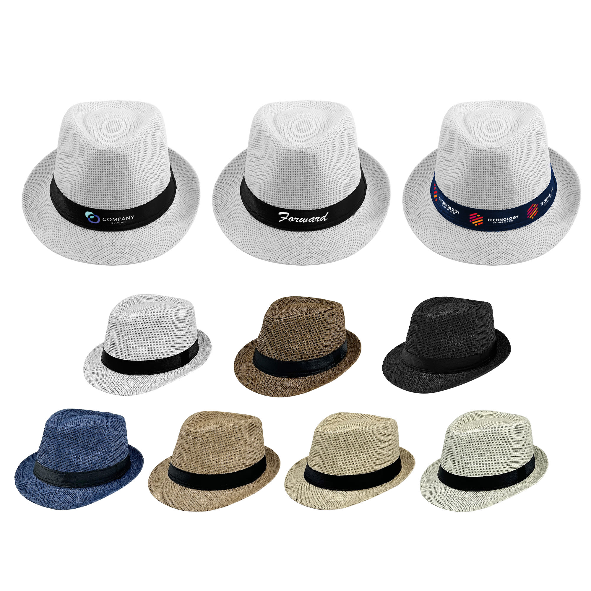 A collection of straw hats in various colours, including white, brown, black, and beige, with multiple band designs. Sun-Shading Straw Hat - Image 1