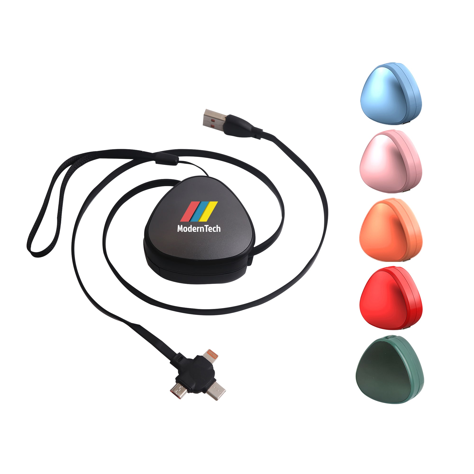 A portable 3-in-1 retractable charging cable in a triangular shape, available in multiple colours with a logo. 3-In-1 Retractable Portable Charging Cable - Image 1