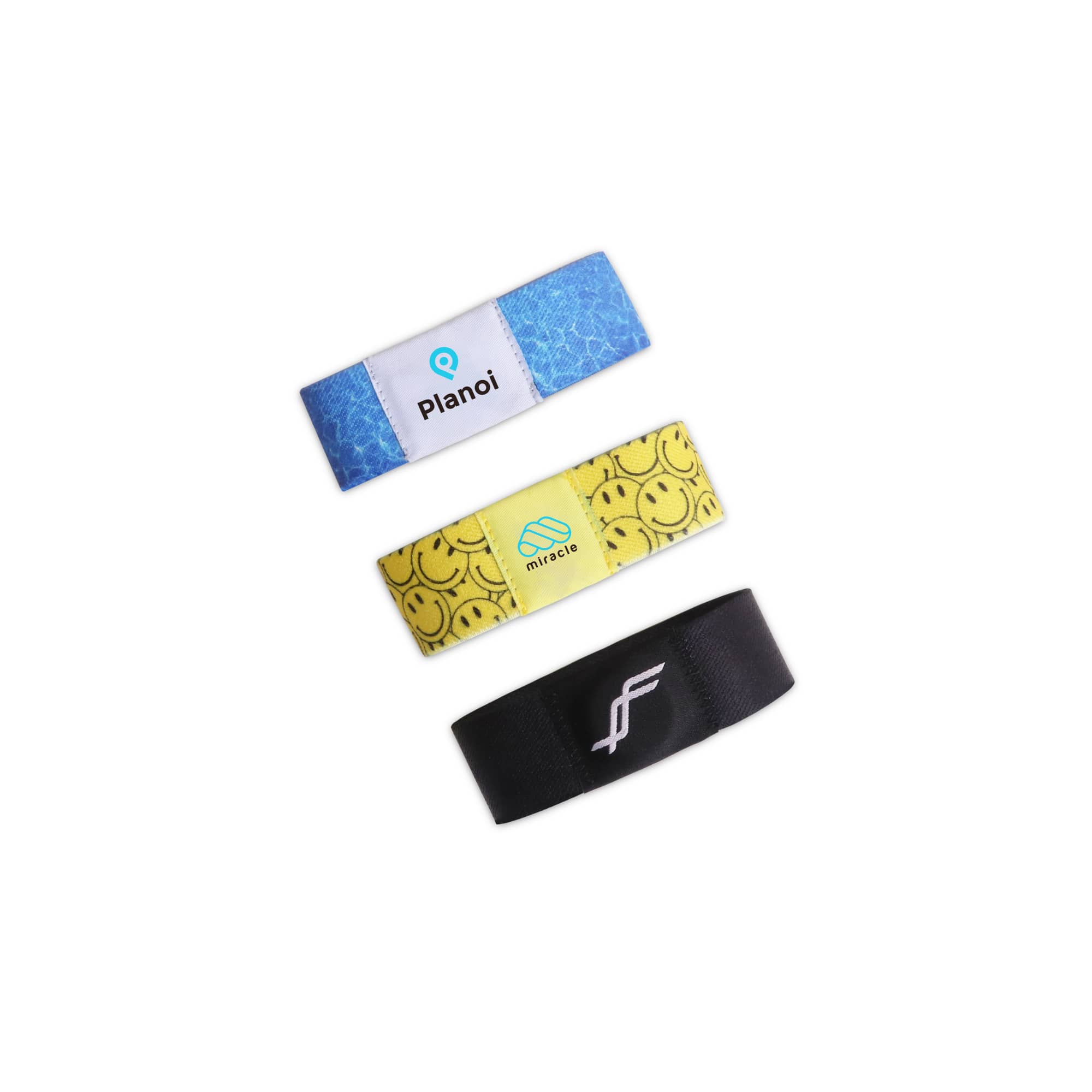 Three stretchy wristbands in blue, yellow with smiley faces, and black, each featuring a logo. Stretchy Wristband - Image 1