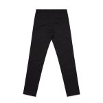Black slacks with a slim fit, featuring back pockets and a waistband. Includes a logo on the back.