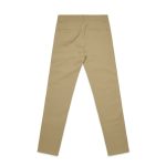A pair of khaki standard pants viewed from the back, featuring back pockets and a fitted design.