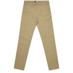 A pair of beige standard pants with a sleek, tailored fit and a logo on the waistband.