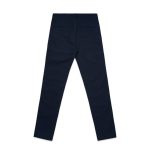 A pair of navy blue slacks with a smooth finish and back pockets, featuring a branding logo.
