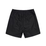 Black sports shorts with an elastic waistband and a smooth finish. Features a logo on the design.