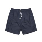 Navy blue beach shorts with an elastic waistband and drawstring, featuring side pockets and a minimalist design.