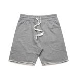 Grey track shorts with an elasticated waistband and drawstring, featuring two side pockets and a raw hem.