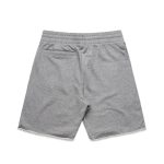 A pair of grey track shorts featuring an elastic waistband and back pocket, with a branding logo.