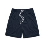 Dark navy sports shorts with an elastic waistband and white drawstring detail. Features a branding logo.