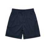 A pair of navy sports shorts featuring an elastic waistband and lightweight fabric. The design includes a logo.