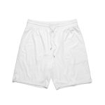 White sports shorts featuring an elastic waistband and drawstring, designed for active wear. Includes a brand logo.