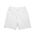 White sports shorts featuring an elastic waistband and a simple design. Includes a logo.