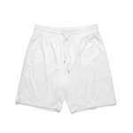 A pair of white sports shorts featuring an elastic waistband and a drawstring, with a logo on the front.