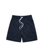 Navy sports shorts with an elastic waistband and drawstring, featuring a simple design and no visible logos.