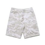 A pair of grey and white camo sports shorts with an elastic waistband and drawstring detailing.