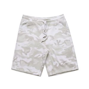 A pair of grey and white camo sports shorts with an elastic waistband and drawstring detailing.