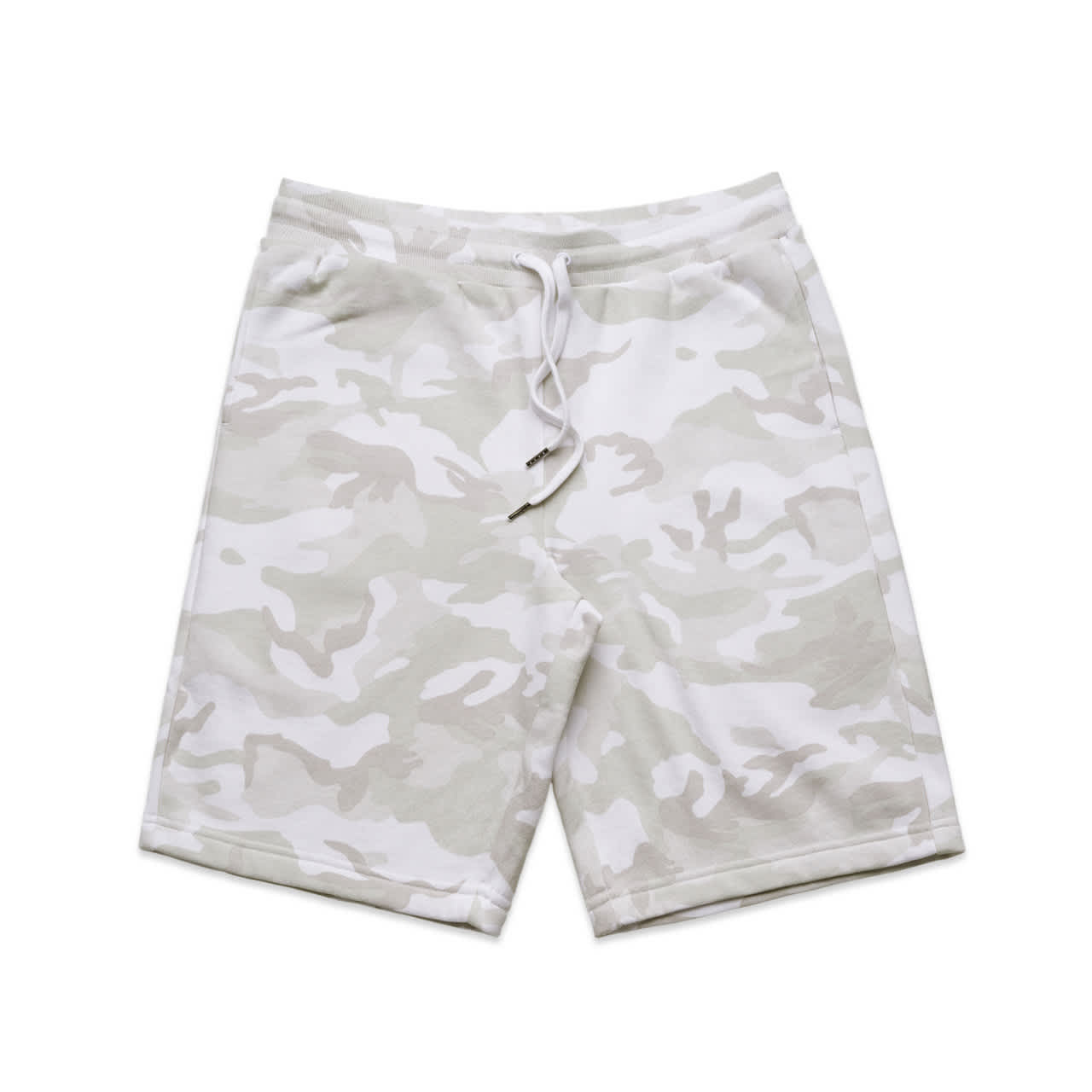 A pair of grey and white camo sports shorts with an elastic waistband and drawstring detailing. A pair of grey and white camo sports shorts with an elastic waistband and drawstring detailing.