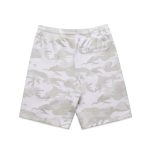 Light grey camo shorts with an elastic waistband and a back pocket, featuring a branding logo.