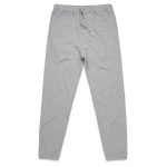 A pair of grey track pants with an elastic waistband and side pockets. The pants have a simple design and logo.