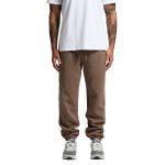 Brown track pants with an elasticated waistband, featuring a relaxed fit and a logo on the side, paired with grey sneakers.