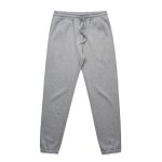 Grey track pants featuring an elastic waistband and cuffs, with a drawstring for adjustable fit.