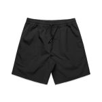 Black sports shorts featuring an elastic waistband and a drawstring, with a logo on one side.