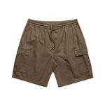 Cargo shorts in a rich brown colour feature an elastic waistband and multiple side pockets. There is a logo present.