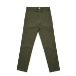 Straight pants in an olive green colour with a logo on the waistband, featuring a classic slacks design.