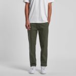 Straight pants in olive green, featuring a relaxed fit and front pockets, paired with a plain white t-shirt and white shoes.