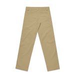 A pair of beige relaxed pants with a straight leg design and two back pockets. The product features a logo.