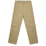 Relaxed beige pants with a straight cut, featuring front pockets and a logo on the waistband.